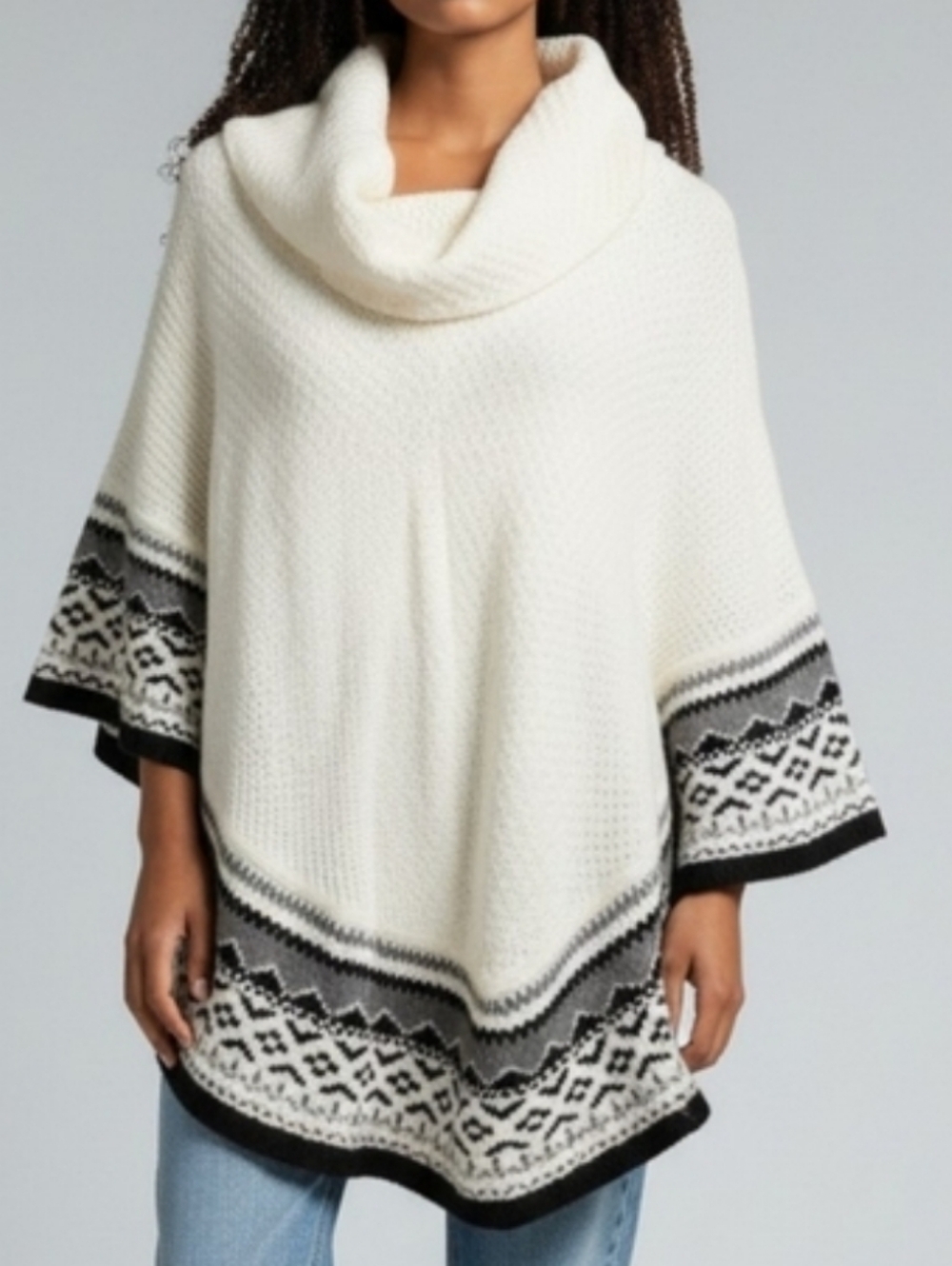 New Directions Ivory and Charcoal Knit Poncho- S